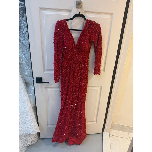 ALBINA DYLA RED EMBELLISHED LONG-SLEEVE DRESS WITH V-NECKLINE - Picture 4 of 4